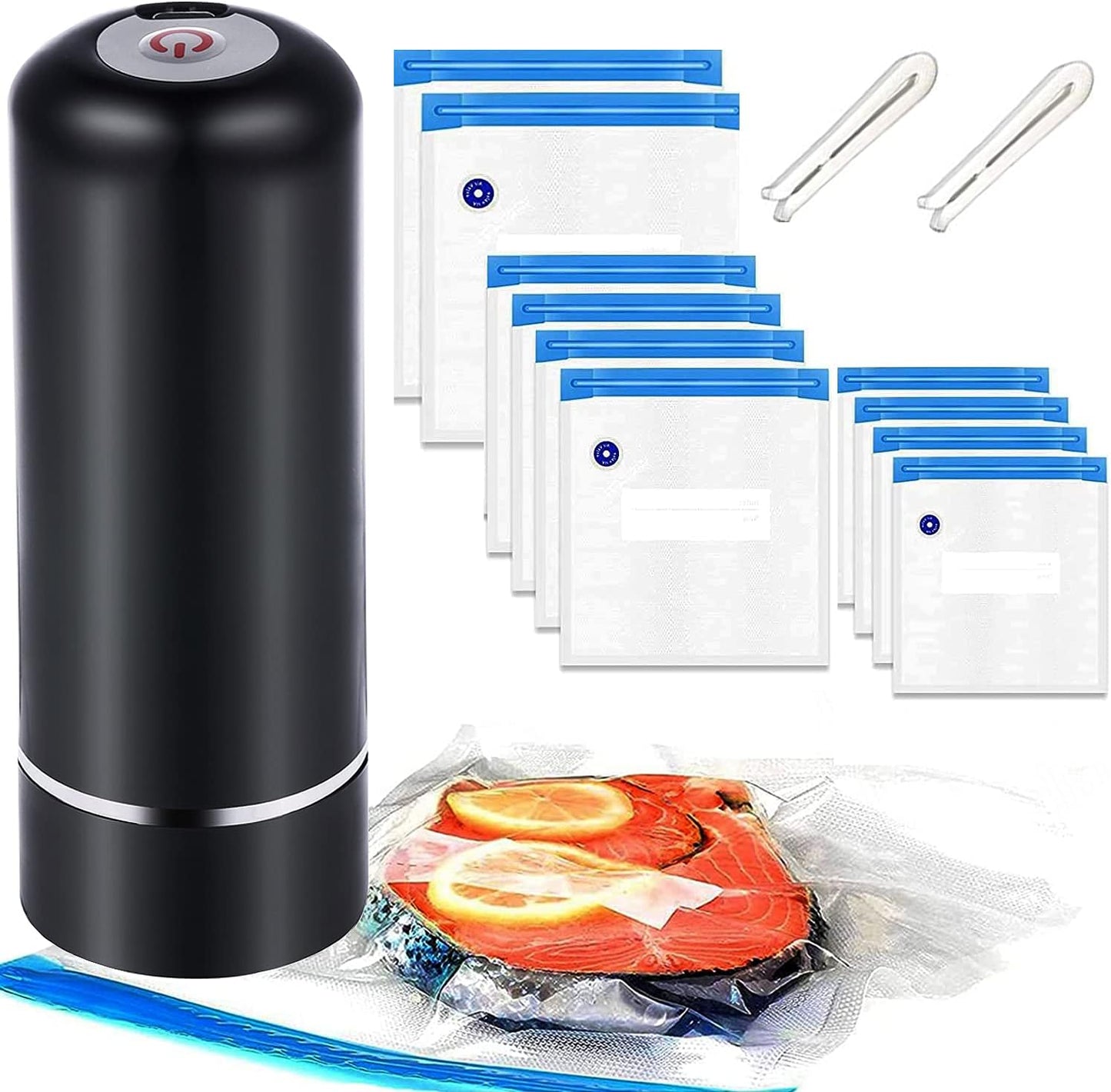 Portable Handheld Food Vacuum Sealer, Automatic Portable Food Sealer for Food Savers with 10 Pack Reusable Sous Vide Bags, 2 Sealing Clips, Mini Vacuum Sealer Machine by (Black)